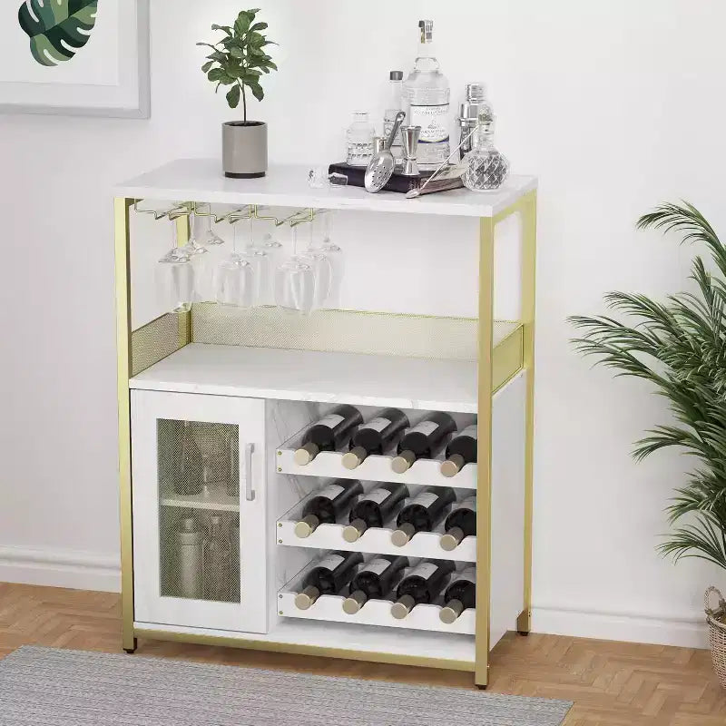 Mobiletto Bar da Caffè e Vino con Portabottiglie Rimovibile, Porta Bicchieri, Cassetto e Credenza con Ante in Rete, Contenitore per Sala da Pranzo, Cucina