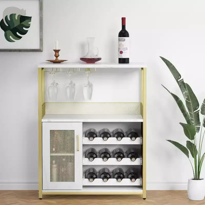 Mobiletto Bar da Caffè e Vino con Portabottiglie Rimovibile, Porta Bicchieri, Cassetto e Credenza con Ante in Rete, Contenitore per Sala da Pranzo, Cucina