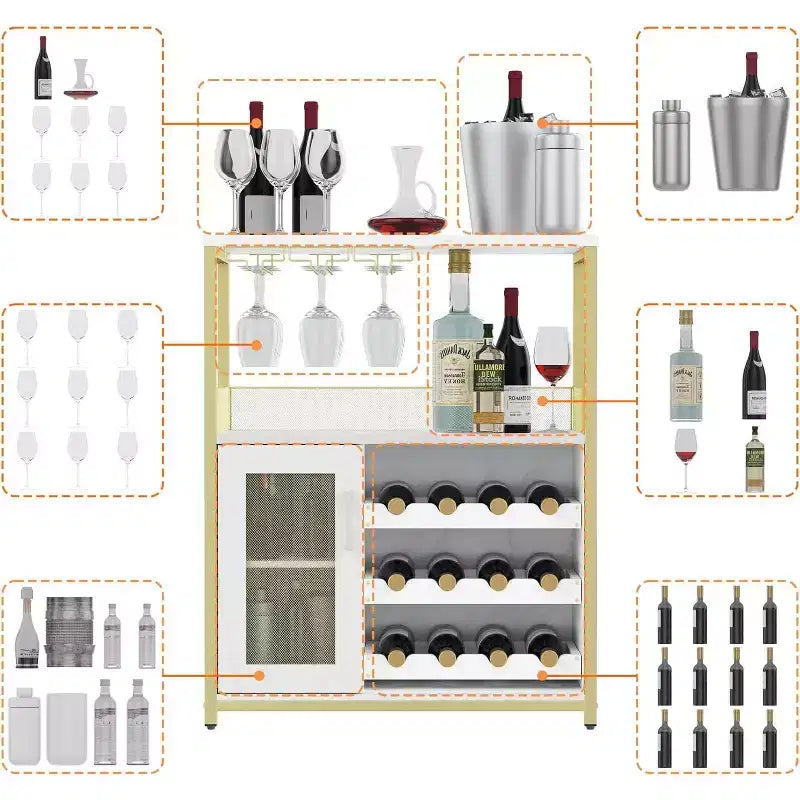 Mobiletto Bar da Caffè e Vino con Portabottiglie Rimovibile, Porta Bicchieri, Cassetto e Credenza con Ante in Rete, Contenitore per Sala da Pranzo, Cucina