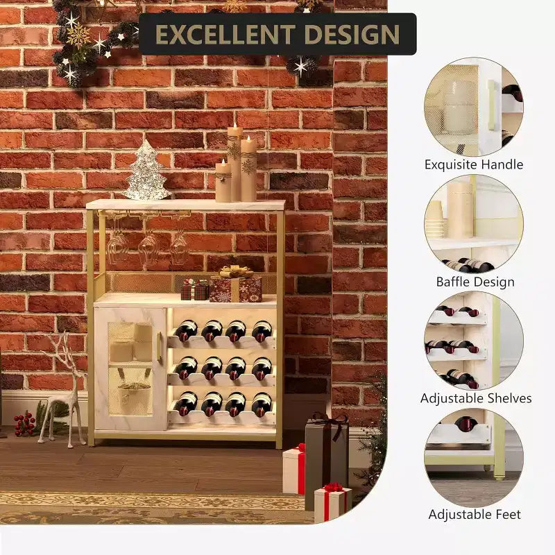 Mobiletto Bar da Caffè e Vino con Portabottiglie Rimovibile, Porta Bicchieri, Cassetto e Credenza con Ante in Rete, Contenitore per Sala da Pranzo, Cucina