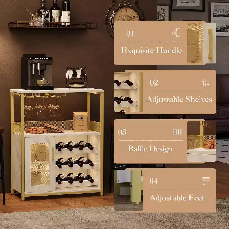 Mobiletto Bar da Caffè e Vino con Portabottiglie Rimovibile, Porta Bicchieri, Cassetto e Credenza con Ante in Rete, Contenitore per Sala da Pranzo, Cucina