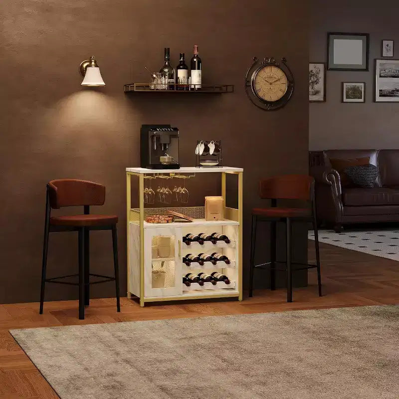 Mobiletto Bar da Caffè e Vino con Portabottiglie Rimovibile, Porta Bicchieri, Cassetto e Credenza con Ante in Rete, Contenitore per Sala da Pranzo, Cucina