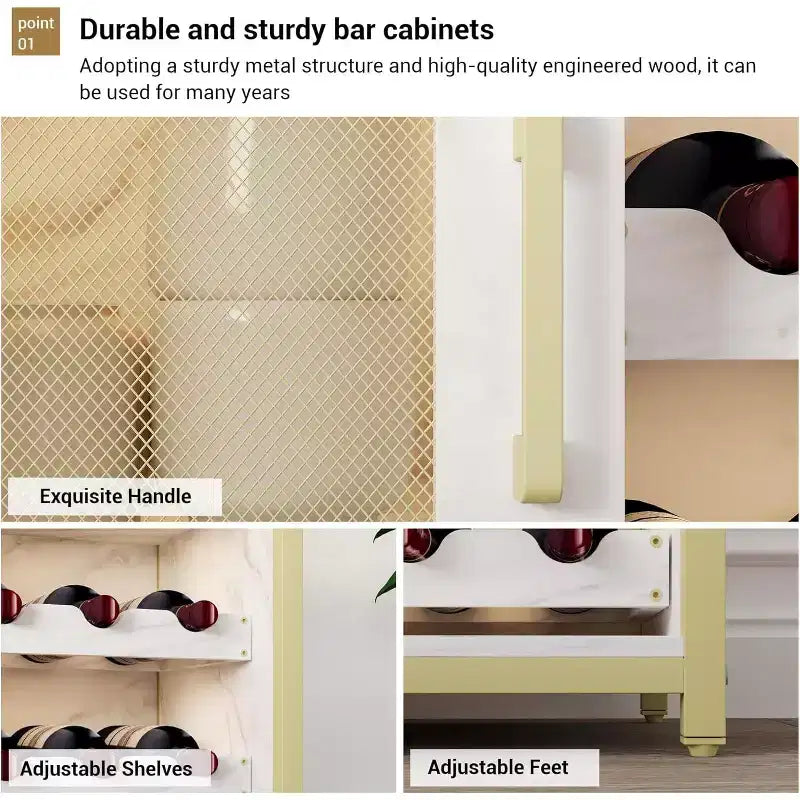 Mobiletto Bar da Caffè e Vino con Portabottiglie Rimovibile, Porta Bicchieri, Cassetto e Credenza con Ante in Rete, Contenitore per Sala da Pranzo, Cucina