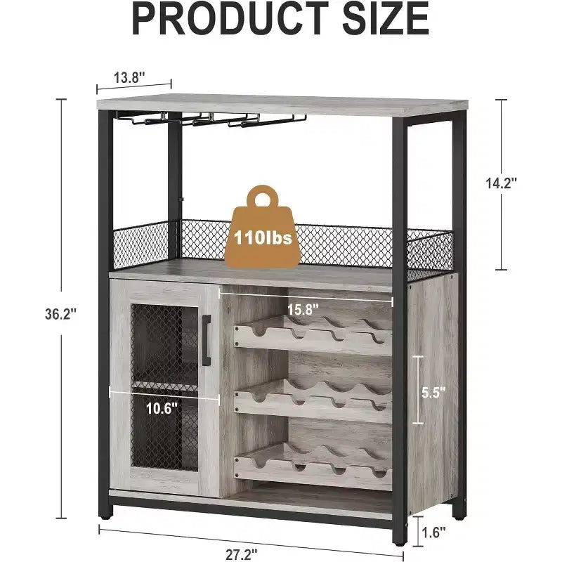 Mobiletto Bar da Caffè e Vino con Portabottiglie Rimovibile, Porta Bicchieri, Cassetto e Credenza con Ante in Rete, Contenitore per Sala da Pranzo, Cucina
