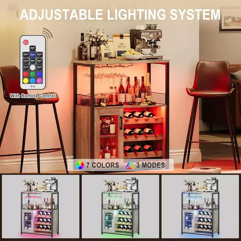 Mobiletto Bar da Caffè e Vino con Portabottiglie Rimovibile, Porta Bicchieri, Cassetto e Credenza con Ante in Rete, Contenitore per Sala da Pranzo, Cucina