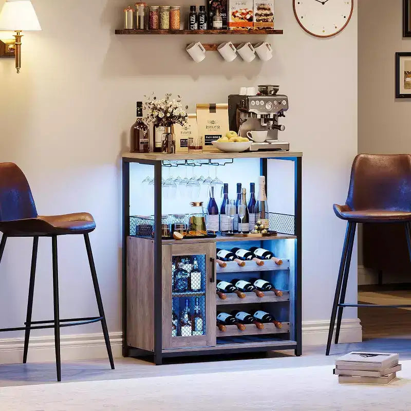 Mobiletto Bar da Caffè e Vino con Portabottiglie Rimovibile, Porta Bicchieri, Cassetto e Credenza con Ante in Rete, Contenitore per Sala da Pranzo, Cucina