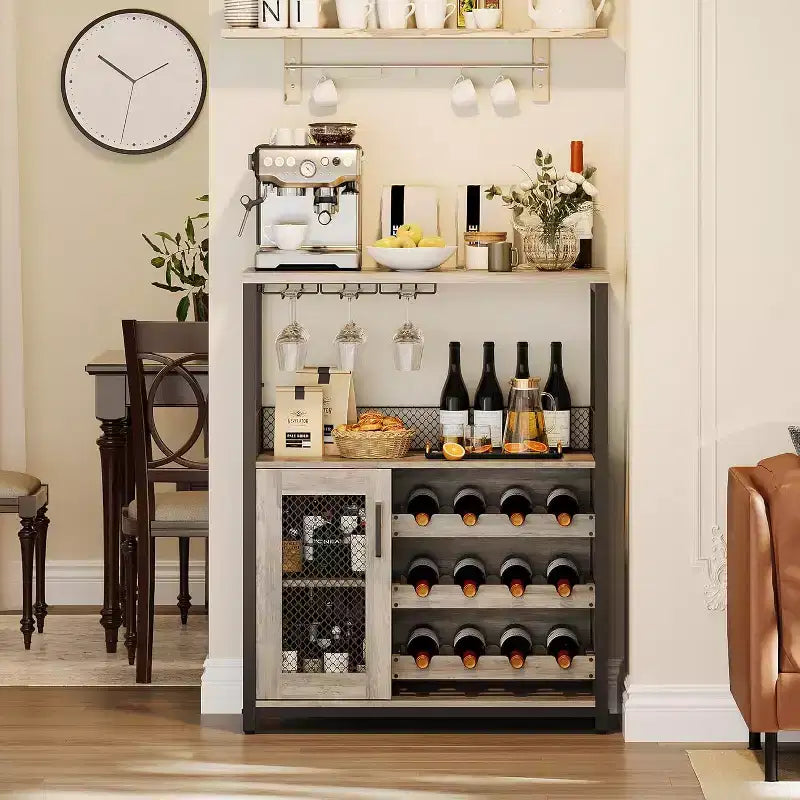 Mobiletto Bar da Caffè e Vino con Portabottiglie Rimovibile, Porta Bicchieri, Cassetto e Credenza con Ante in Rete, Contenitore per Sala da Pranzo, Cucina