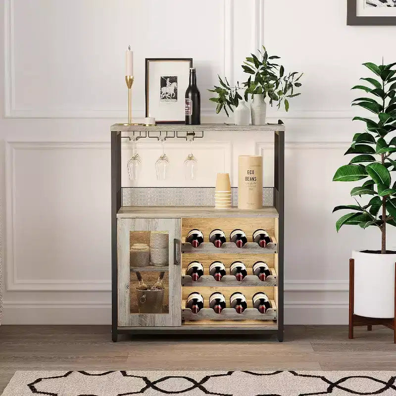 Mobiletto Bar da Caffè e Vino con Portabottiglie Rimovibile, Porta Bicchieri, Cassetto e Credenza con Ante in Rete, Contenitore per Sala da Pranzo, Cucina
