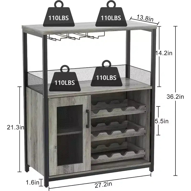 Mobiletto Bar da Caffè e Vino con Portabottiglie Rimovibile, Porta Bicchieri, Cassetto e Credenza con Ante in Rete, Contenitore per Sala da Pranzo, Cucina