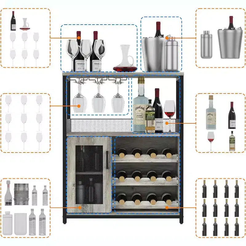 Mobiletto Bar da Caffè e Vino con Portabottiglie Rimovibile, Porta Bicchieri, Cassetto e Credenza con Ante in Rete, Contenitore per Sala da Pranzo, Cucina