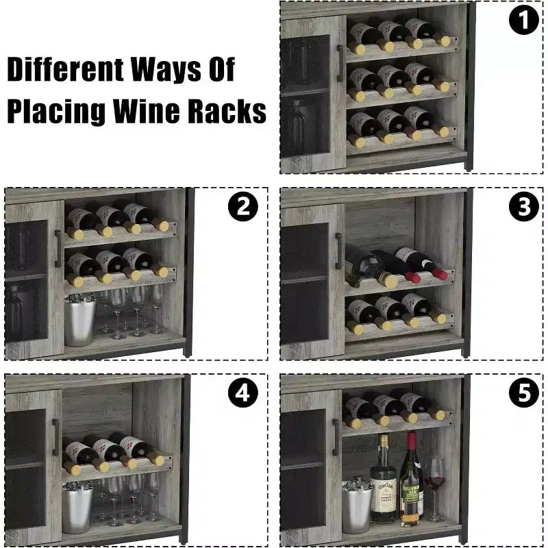 Mobiletto Bar da Caffè e Vino con Portabottiglie Rimovibile, Porta Bicchieri, Cassetto e Credenza con Ante in Rete, Contenitore per Sala da Pranzo, Cucina