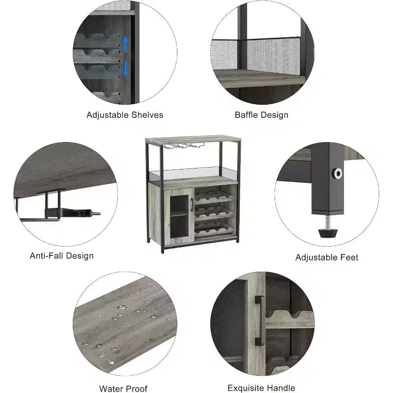 Mobiletto Bar da Caffè e Vino con Portabottiglie Rimovibile, Porta Bicchieri, Cassetto e Credenza con Ante in Rete, Contenitore per Sala da Pranzo, Cucina