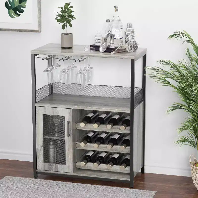Mobiletto Bar da Caffè e Vino con Portabottiglie Rimovibile, Porta Bicchieri, Cassetto e Credenza con Ante in Rete, Contenitore per Sala da Pranzo, Cucina