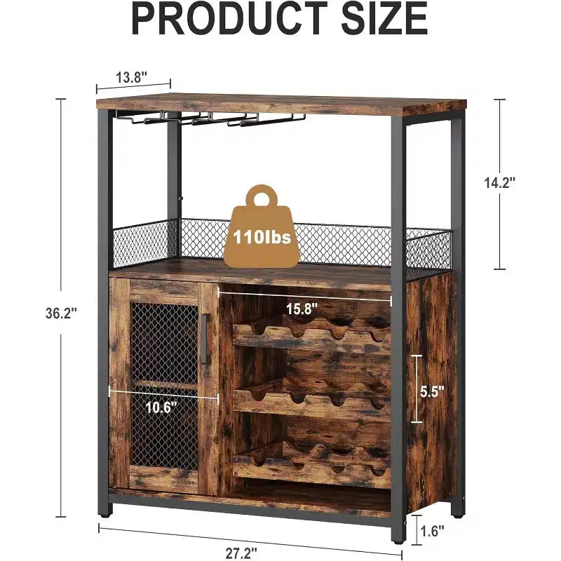 Mobiletto Bar da Caffè e Vino con Portabottiglie Rimovibile, Porta Bicchieri, Cassetto e Credenza con Ante in Rete, Contenitore per Sala da Pranzo, Cucina
