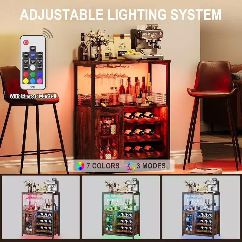 Mobiletto Bar da Caffè e Vino con Portabottiglie Rimovibile, Porta Bicchieri, Cassetto e Credenza con Ante in Rete, Contenitore per Sala da Pranzo, Cucina