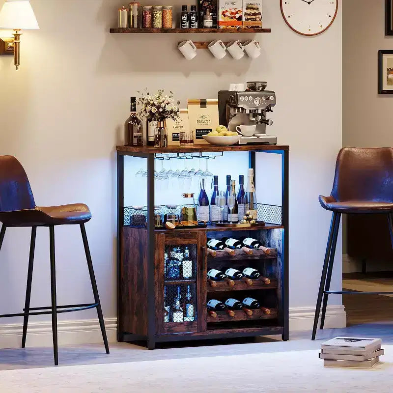 Mobiletto Bar da Caffè e Vino con Portabottiglie Rimovibile, Porta Bicchieri, Cassetto e Credenza con Ante in Rete, Contenitore per Sala da Pranzo, Cucina