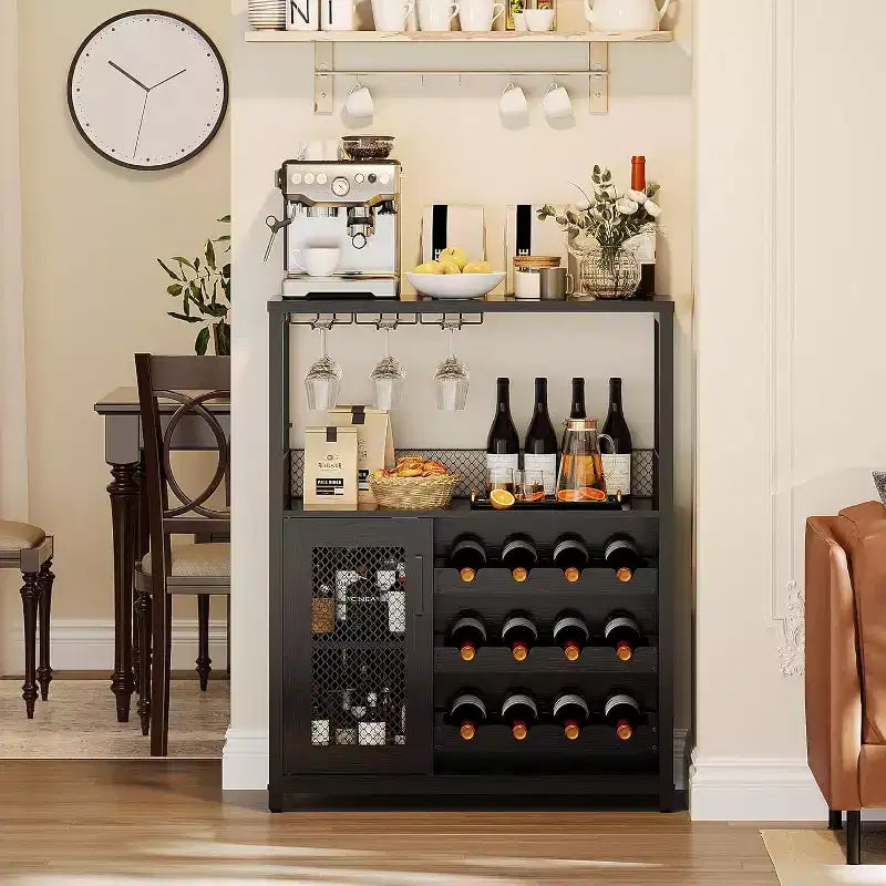 Mobiletto Bar da Caffè e Vino con Portabottiglie Rimovibile, Porta Bicchieri, Cassetto e Credenza con Ante in Rete, Contenitore per Sala da Pranzo, Cucina