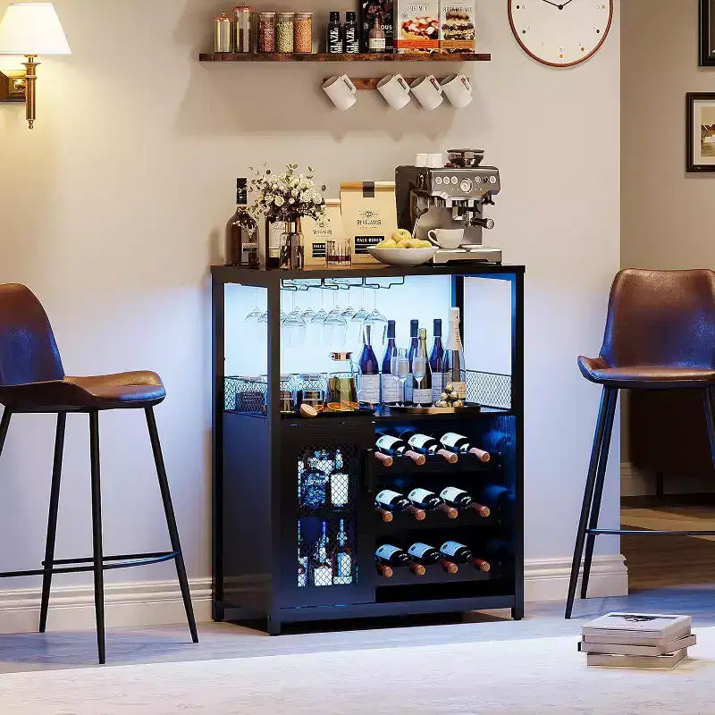 Mobiletto Bar da Caffè e Vino con Portabottiglie Rimovibile, Porta Bicchieri, Cassetto e Credenza con Ante in Rete, Contenitore per Sala da Pranzo, Cucina