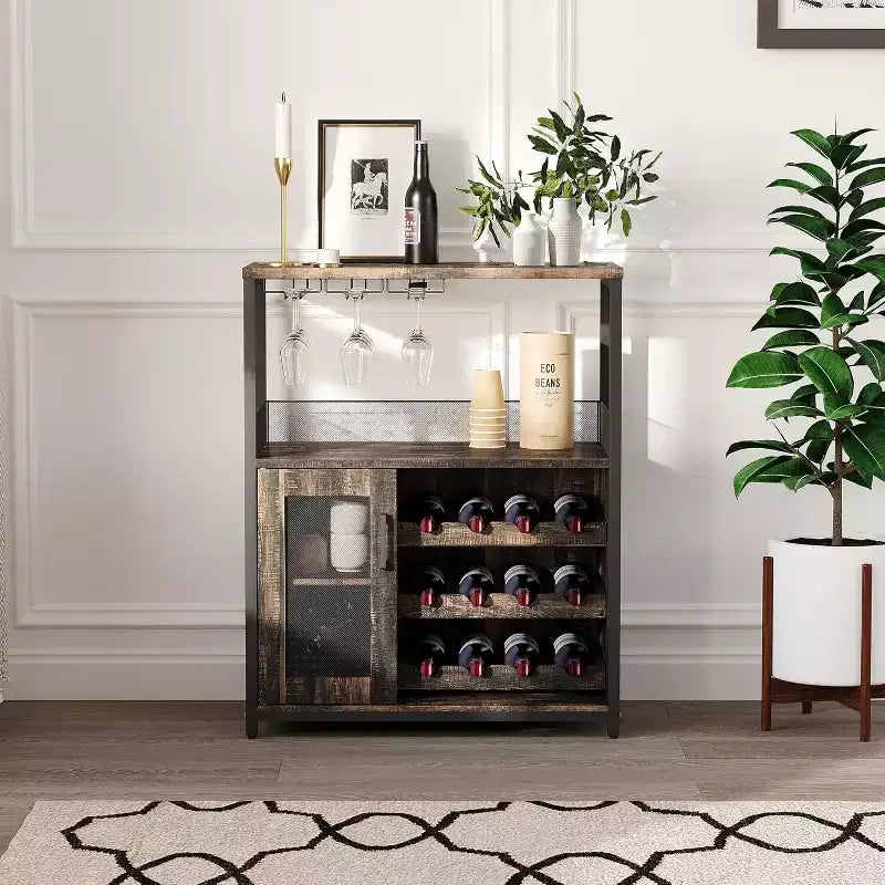 Mobiletto Bar da Caffè e Vino con Portabottiglie Rimovibile, Porta Bicchieri, Cassetto e Credenza con Ante in Rete, Contenitore per Sala da Pranzo, Cucina
