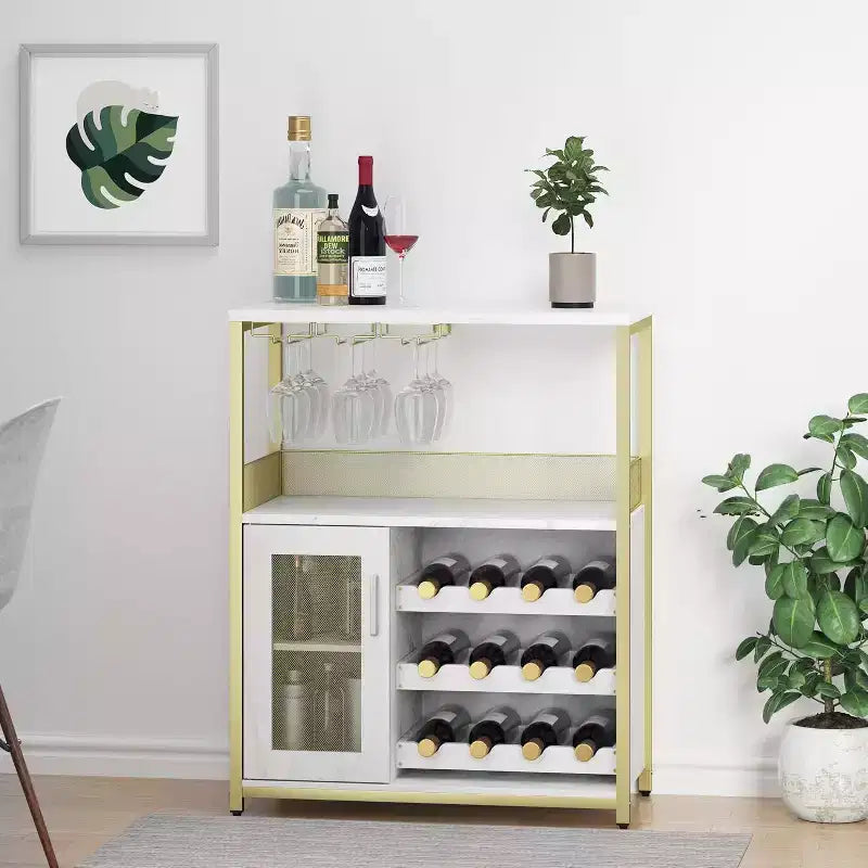 Mobiletto Bar da Caffè e Vino con Portabottiglie Rimovibile, Porta Bicchieri, Cassetto e Credenza con Ante in Rete, Contenitore per Sala da Pranzo, Cucina