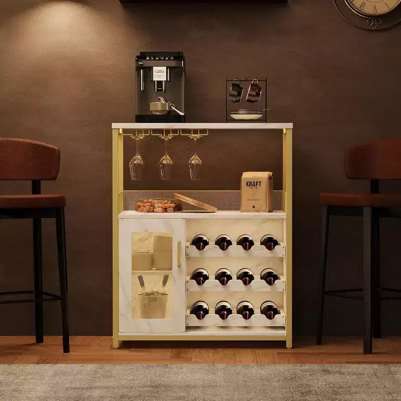 Mobiletto Bar da Caffè e Vino con Portabottiglie Rimovibile, Porta Bicchieri, Cassetto e Credenza con Ante in Rete, Contenitore per Sala da Pranzo, Cucina