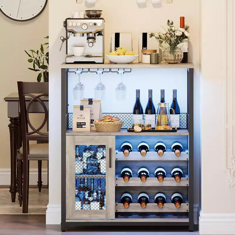 Mobiletto Bar da Caffè e Vino con Portabottiglie Rimovibile, Porta Bicchieri, Cassetto e Credenza con Ante in Rete, Contenitore per Sala da Pranzo, Cucina