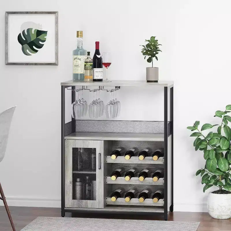 Mobiletto Bar da Caffè e Vino con Portabottiglie Rimovibile, Porta Bicchieri, Cassetto e Credenza con Ante in Rete, Contenitore per Sala da Pranzo, Cucina