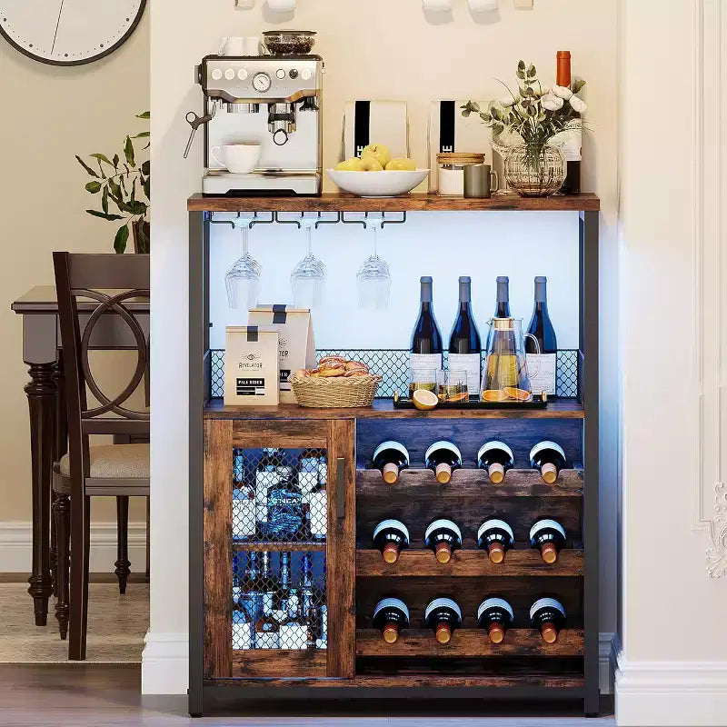 Mobiletto Bar da Caffè e Vino con Portabottiglie Rimovibile, Porta Bicchieri, Cassetto e Credenza con Ante in Rete, Contenitore per Sala da Pranzo, Cucina