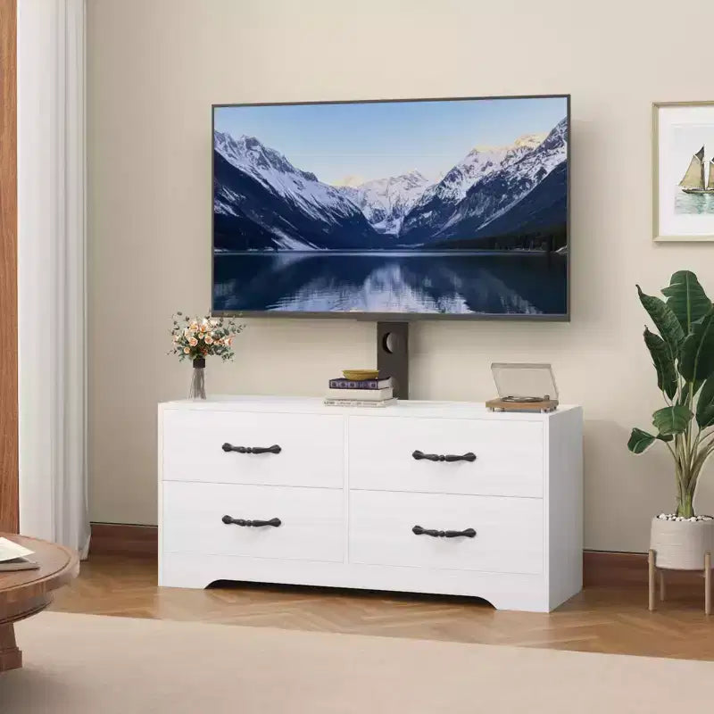 Mobile TV con Supporto per TV da 32-75 Pollici, Consolle Multimediale Moderna con 4 Grandi Cassetti, Credenza Centro Intrattenimento per Soggiorno e Camera da Letto