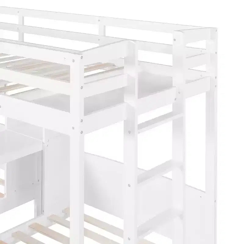 Letto a castello triplo con scrivania integrata e mensole, luce da lettura, design 3 letti in 1