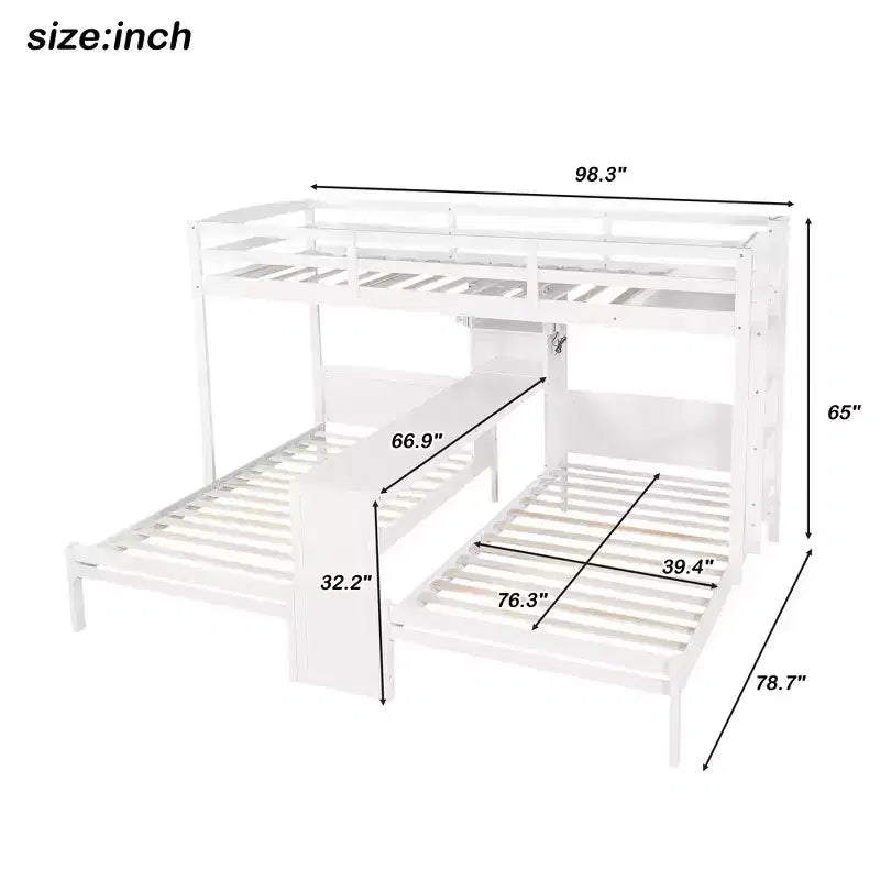 Letto a castello triplo con scrivania integrata e mensole, luce da lettura, design 3 letti in 1