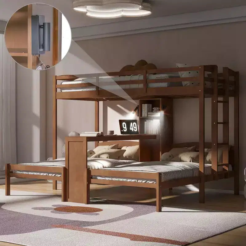 Letto a castello triplo con scrivania integrata e mensole, luce da lettura, design 3 letti in 1