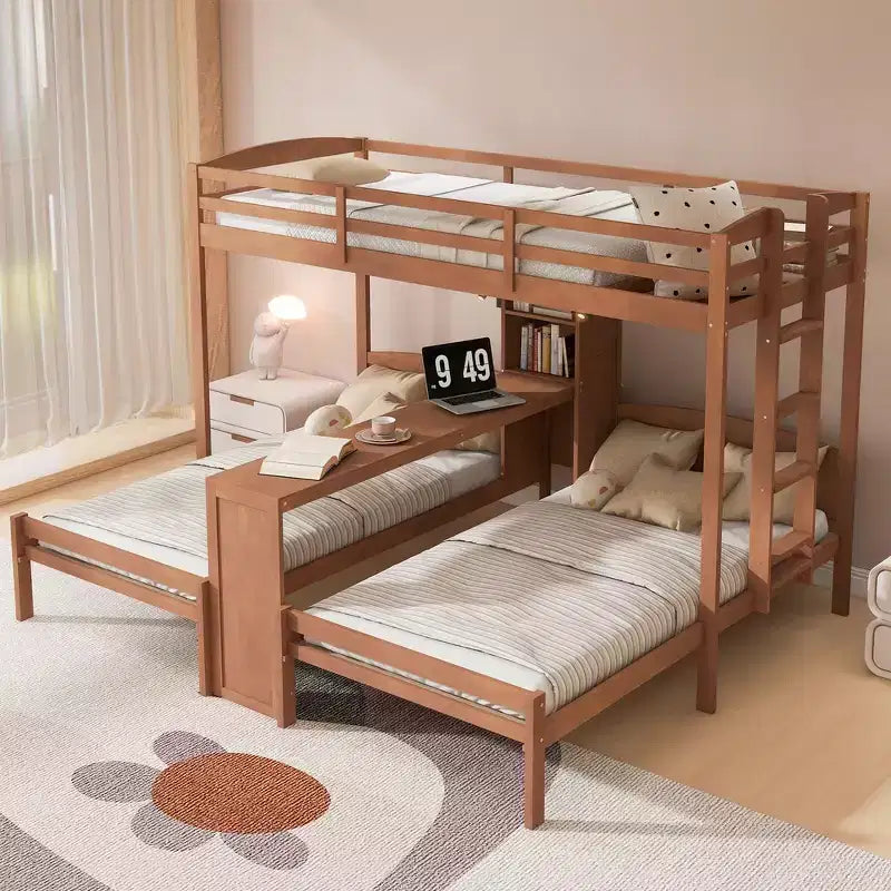 Letto a castello triplo con scrivania integrata e mensole, luce da lettura, design 3 letti in 1