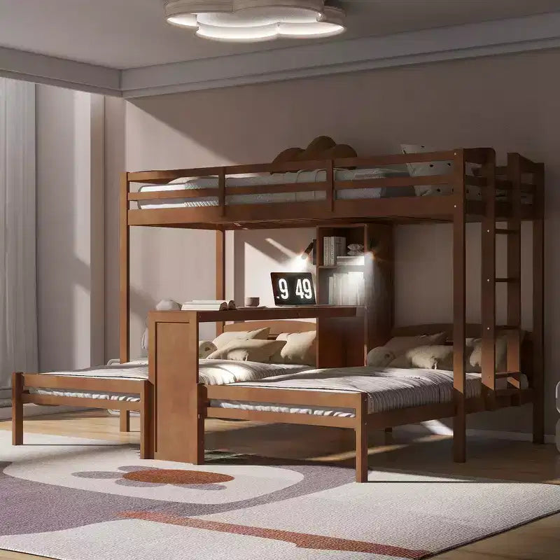 Letto a castello triplo con scrivania integrata e mensole, luce da lettura, design 3 letti in 1