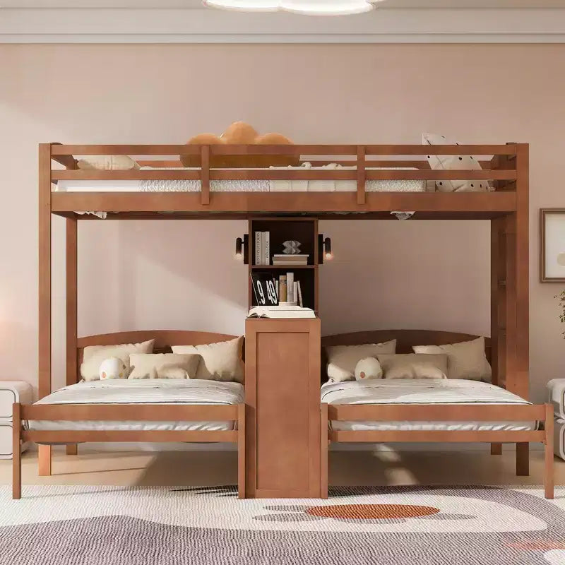 Letto a castello triplo con scrivania integrata e mensole, luce da lettura, design 3 letti in 1