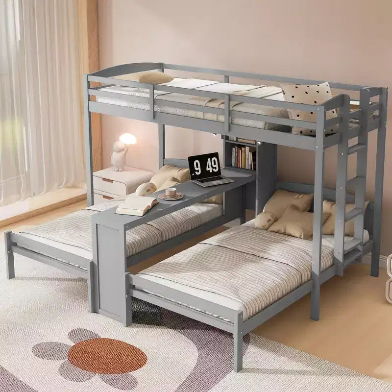 Letto a castello triplo con scrivania integrata e mensole, luce da lettura, design 3 letti in 1