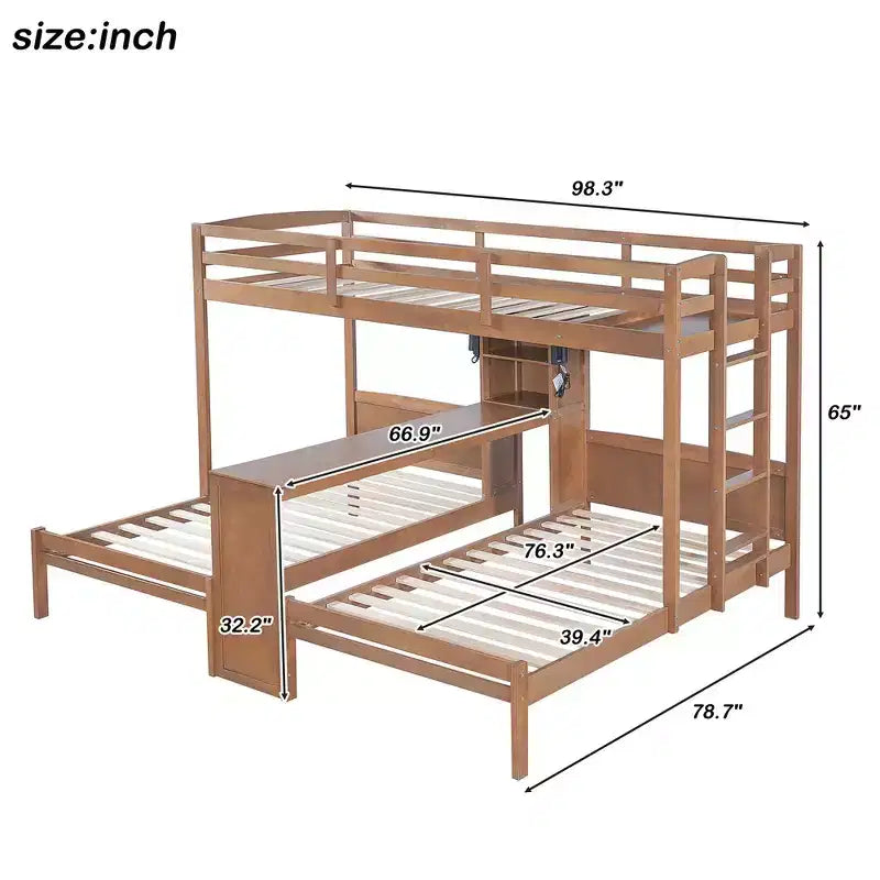 Letto a castello triplo con scrivania integrata e mensole, luce da lettura, design 3 letti in 1