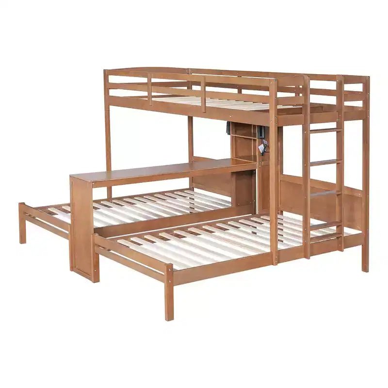 Letto a castello triplo con scrivania integrata e mensole, luce da lettura, design 3 letti in 1