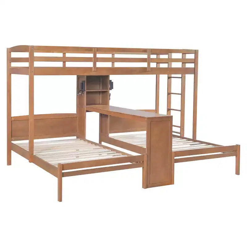 Letto a castello triplo con scrivania integrata e mensole, luce da lettura, design 3 letti in 1