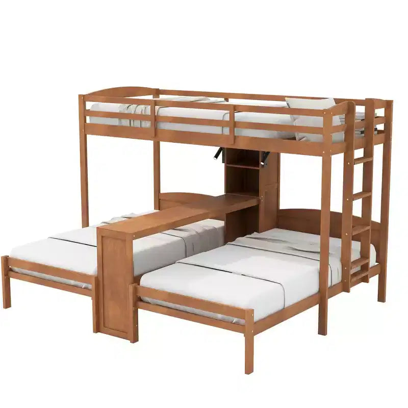 Letto a castello triplo con scrivania integrata e mensole, luce da lettura, design 3 letti in 1