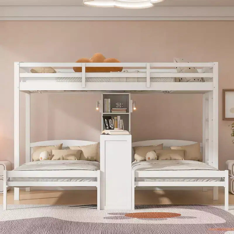 Letto a castello triplo con scrivania integrata e mensole, luce da lettura, design 3 letti in 1