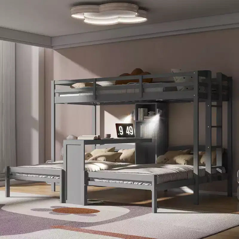 Letto a castello triplo con scrivania integrata e mensole, luce da lettura, design 3 letti in 1