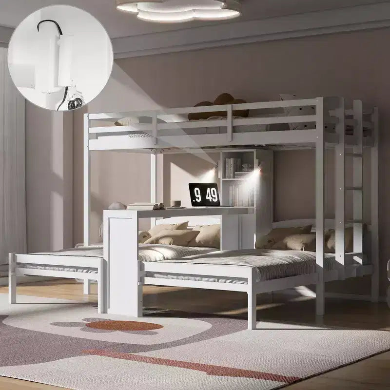 Letto a castello triplo con scrivania integrata e mensole, luce da lettura, design 3 letti in 1