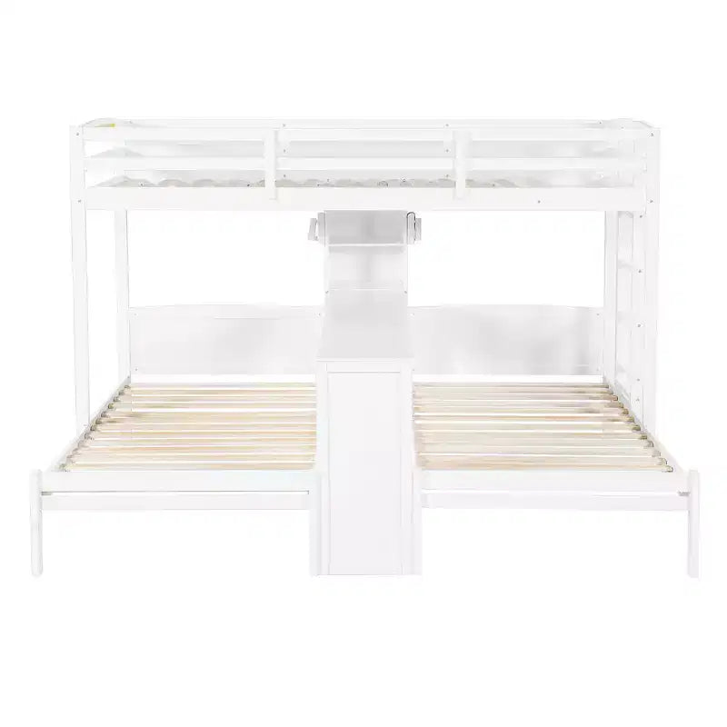 Letto a castello triplo con scrivania integrata e mensole, luce da lettura, design 3 letti in 1