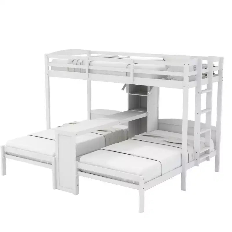 Letto a castello triplo con scrivania integrata e mensole, luce da lettura, design 3 letti in 1