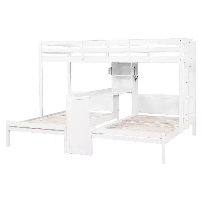Letto a castello triplo con scrivania integrata e mensole, luce da lettura, design 3 letti in 1