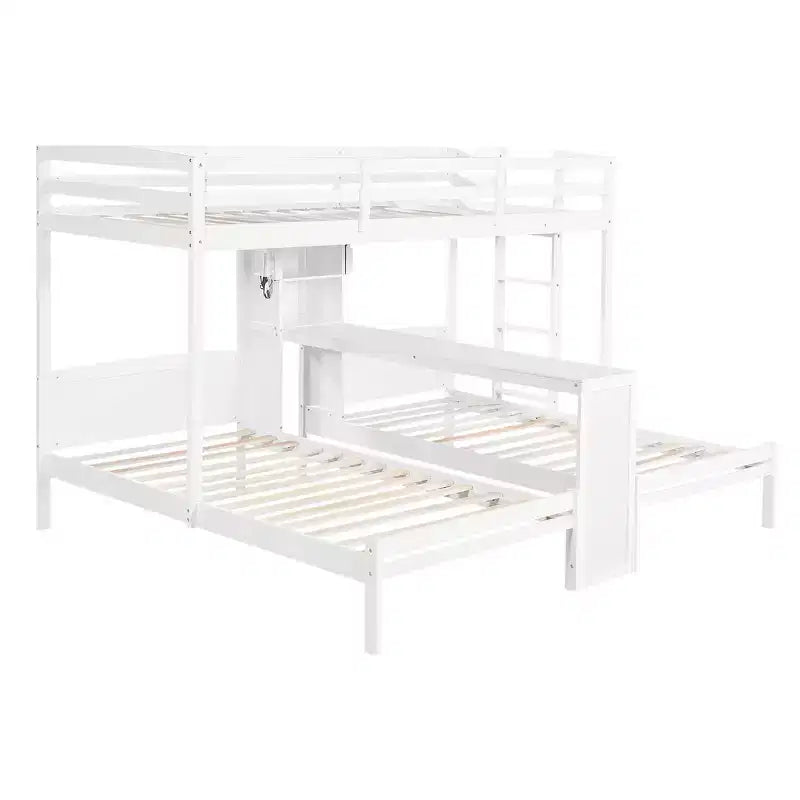 Letto a castello triplo con scrivania integrata e mensole, luce da lettura, design 3 letti in 1