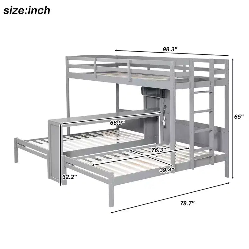Letto a castello triplo con scrivania integrata e mensole, luce da lettura, design 3 letti in 1