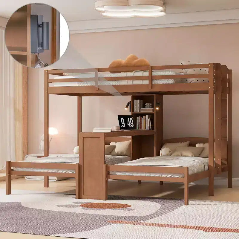 Letto a castello triplo con scrivania integrata e mensole, luce da lettura, design 3 letti in 1