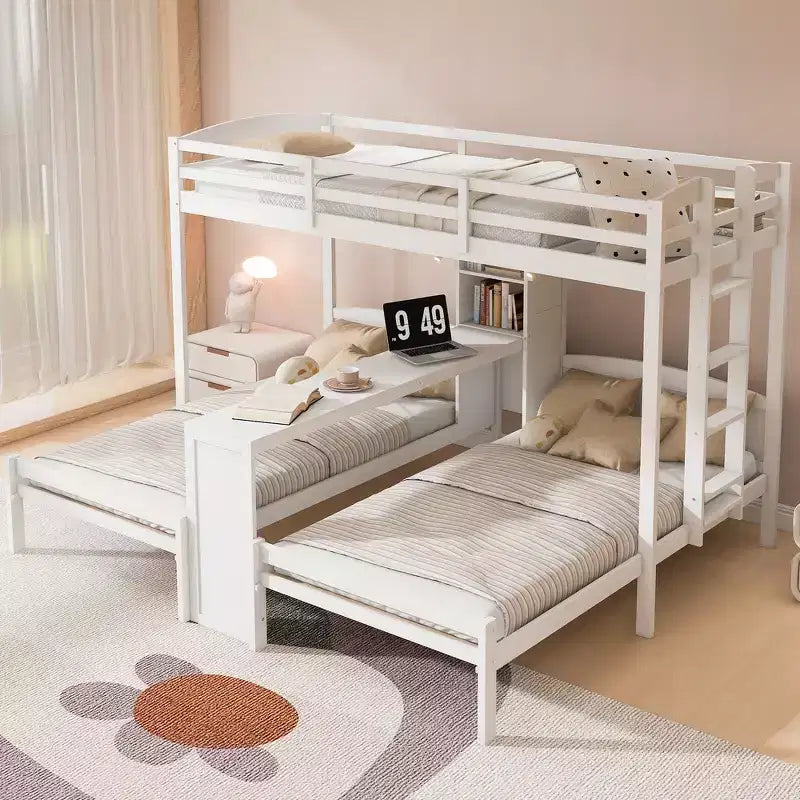 Letto a castello triplo con scrivania integrata e mensole, luce da lettura, design 3 letti in 1